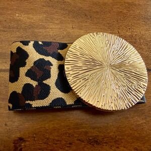 Leopard Print Wide Elastic Waist Belt Gold Sunburst Medallion Buckle Cinch Belt